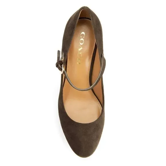 New! COACH Women's Mary Jane Platform Pumps Brown Suede Heels Shoes Chunky Heels - Picture 3 of 8